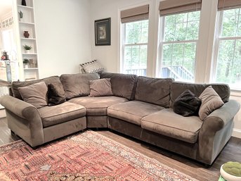 FR/ Left - 3 Section Pottery Barn 'Smoke' Grey/Brown Sectional Couch W 5 Accent Pillows