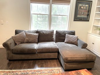 FR/ Right - 2 Section Pottery Barn 'Smoke' Grey/Brown Sectional Couch W 3 Accent Pillows