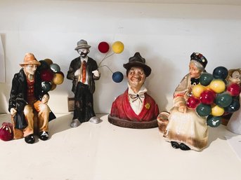 LR/ Shelf W 4 Assorted Clowns & Balloons Figurines - Emmett Kelly, Henry Major Etc