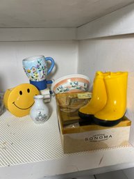 DR/ Shelf 7pcs - Cute Accessories: Smile & Rain Boot Vases, Sonoma Frame, Book Shaped Mug Etc.