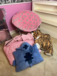 2BB/ 4pcs - Pink Decor: Folding Metal Saucer Chair, 2 Pillow Pets, Fold Out Sleeping Bag W Attached Pillow