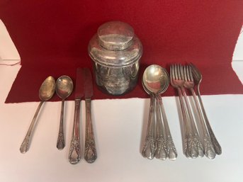 NT/ Bag Of Misc Vintage Silver Plate Utensils By William Rogers And A Reed & Barton Tea Caddy