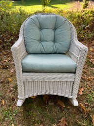 S/ Henry Link White Wicker Rocker With Blue & Green Upholstered Cushion