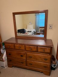 1BR/ Wooden Low 6 Drawer Dresser Bureau W Mirror & Protective Glass Top By Crawford Furniture NY