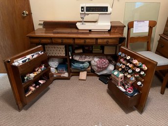 1BR/ Fold Out Flip Up Wood Vintage Sewing Table Cabinet W Contents & Chair & Singer Touch Tronic 2010 Machine