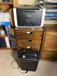 O/ 3pcs - Brother Color Copier, Staples Shredder, Wood Cabinet And Contents