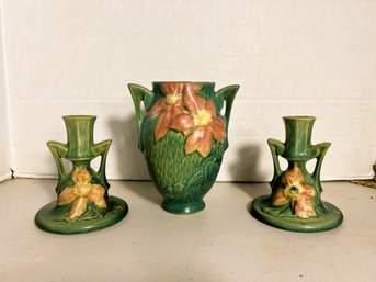 LR/ 3pcs - Roseville Pottery #1 'Clematis' Green: Vase And 2 Candleholders