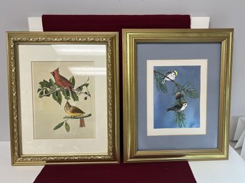 NT/ 2 Gold Gilt Framed Bird Prints: One A Foil Print Of Nut Hatches, Other Print Is Cardinals