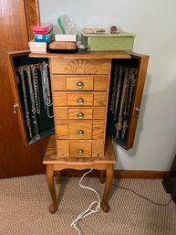 2BR/ Huge Costume Jewelry Lot - Lovely Wood 2 Door 5 Drawer Lift Top Jewelry Armoire W All Contents