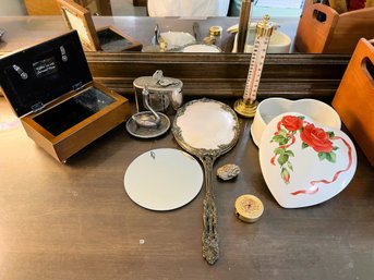 2BR/9 Vntg Dresser Top Pcs- Swan Ring Dish, Traveling Teller Metal Bank Salem Trust Co, Ornate Hand Mirror Etc