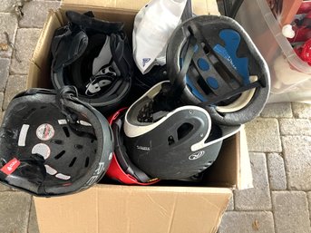 T/ Box Of 8 Assorted Sports Helmets: Baseball, Hockey, Bicycle Etc