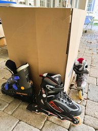 T/ Box Of 4 Sets Of Rollerblades - 3 Adult & 1 Kid Size 7 And Many Sets Of Shin Guards