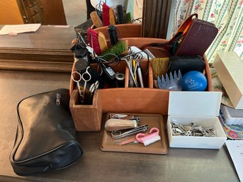 2BR/ Wood Organizer Box W Travel Hair Dryer, Scissors, Clippers, Hair Clips, Hand Mirror, Groom Kits Etc