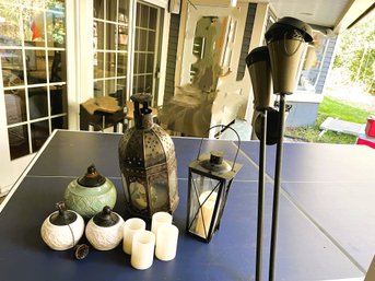 T/ 11pcs Outdoor Lighting: 2 Tiki Torches, 2 Lg Lanterns, 4 LED Candles, 3 Oil Lights In Ceramic Pots