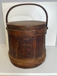 NT/ Antique Wood Firkin Bucket - Wood Slats With Wood Bands, Flexible Handle And Cover