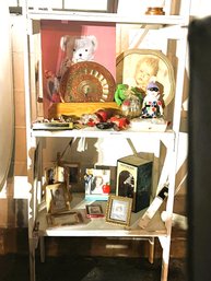 C/ 2shelves: Frames, Figi Frames, Peacock Plate, Decorative Decor And Trinkets
