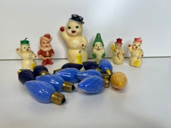 NT/ Bag With Vintage Christmas Decor: Lg Sized Christmas Bulbs Swirl Pattern & Candles: Santa, Gnome Snowmen