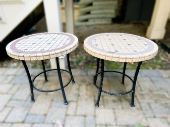 T/ 2 Round Outdoor End Tables With Stone Looking Composite Tops And Black Metal Legs/stands