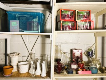 C/ 4shelves Bins & Loose: Home Decor, Candles, Vases, Books, Note Cards, Stationary, Photo Albums Etc