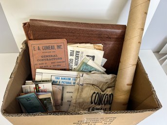 NT/ Box Of Ephemera: Carlisle And Concord MA: Field Map, Postcards, Shoe Horn, Bottle Opener, Apron And More