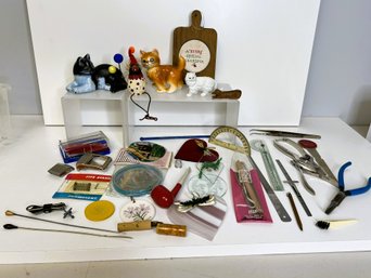 NT/ Vintage Odds And Ends Box: Small Items, 60's Bubble Pipe, Old Puzzle In Orig Package, Toys, Figures Etc