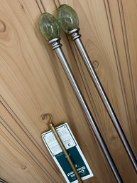 3BR/ 4 Pcs - 2 Silver Metal Curtain Rods Green Glass Balls, Tray W Curtain Accessories, 1 Curtain Shepherd