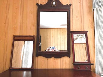 3BR/ 3 Vintage Wood Frame Wall Mirrors - Large W Laurel Accent, Wicker Rattan Accent, Shelf & 2 Hooks