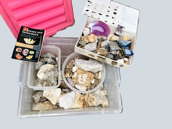 G/ Box & Bin - Rocks & Minerals Collection: Amethyst , Pyrite, Quartz Etc. & A Rocks And Minerals Guide Book