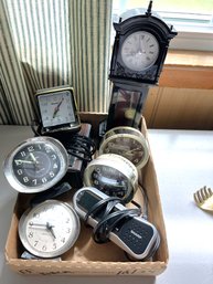 3BR/ Box W Vintage Clock Lot -  3 Baby Ben Westclox, Sharp, 2 Advance, Clock Radio, Mini Grandfather Clock