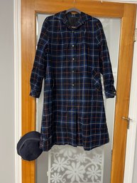 NT/ 2pcs Vintage Ladies Hand Made Corduroy Blue Plaid Lined Coat And Betmar 22.5' Blue Felt Hat