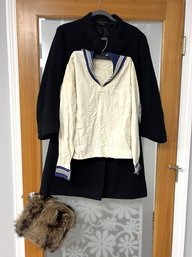 NT/ 3pcs Vintage Clothing: Fur Muff, Sailor Top And Ladies Black Coat - Hibbard And Mason, Boston