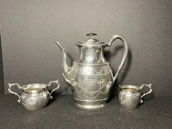 K/ Box 3pcs - Ornate Silver Plate/EP Creamer, Sugar And Tea-coffee Pot