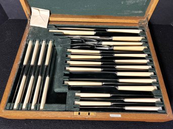 K/ Box - Wood Flatware Box With Asprey Bond Street England Knives & Carving Set - Bone/Bakelite Handles