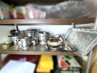 B/ Shelf - Pewters, Silver-plate, Hammered Aluminum And Other Metallics Lot