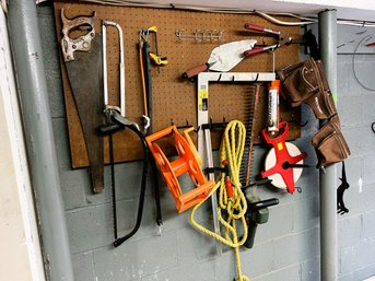 LG1/ Wall Full Of Hand Tools Lot #2 - Includes Large Trowel, Saws, Tool Belt And Black & Decker Hedge Trimmer