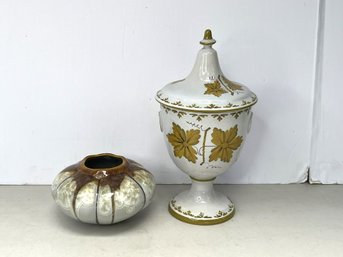 G/ 2pcs - Unique And Lovely Carl Vendelbosch Ceramic Bowl And Italian Leaf & Floral Jar