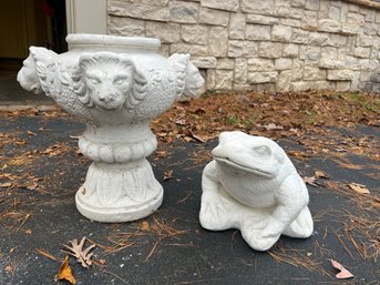 LG1/ 2 Pcs - Cement/Plaster Garden Ornaments: Pedestal Adorned W Leaf & Lion's Heads  And  An Ornamental Frog