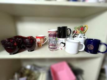 B/ 22plus - Dark Red Glass Tea Cups, Nostalgic Coffee Mugs, Campbells, Coke And Plain Mugs