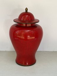 G/ Stunning Red Enamel On Brass/Copper? Ginger Jar - 15' High