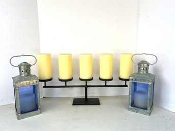 G/ 3pcs - Large And Impressive Iron Pillar Candelabra And 2 Pillar Candle Lanterns With Blue Glass