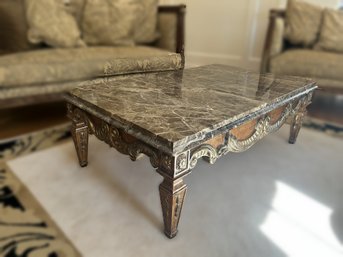 LR/ Ornate Marble Topped Wood Coffee Table With Gold Carved Accents On Wood Base