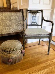 LR/ 2pcs: Wood Accent Chair W Cane Seat And A Round Cloth Tuffet With Tassels And Decorative Metal Accents