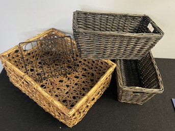 MM/ 4 Pcs - 3 Assorted Wicker Baskets & 1 Metal Book Stand