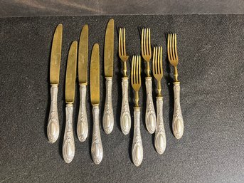 K/ Bag 10pcs - Solingen Ornate Vintage Brass And Silver Small Forks And Knives