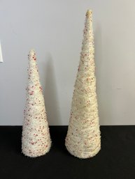 MM/ Pair Of White Sparkly W Red Flecks Cone Shaped Christmas Tree Table Top Decor