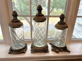 LR/ 3 Large A L Varte - Ornate Pressed Glass Canisters With Gold Colored Bases & Gold Pineapple Tops