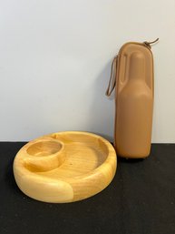 MM/ Crate & Barrel Beechwood Round Chip & Dip Bowl, Tommy Bahama Neoprene Zip Wine Tote