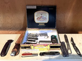 FB/ Cigar Box Filled W Assorted Unique Pocket Knives & Cigar Cutters