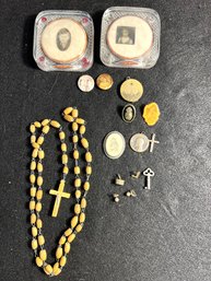 K/ Box 11plus - Assorted Vintage Pins, Lockets, Pendants, Rosary Etc