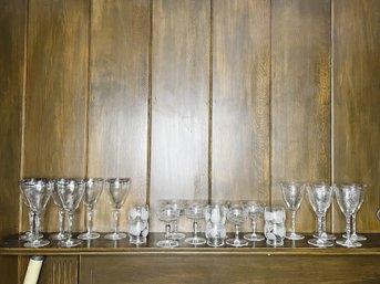 LR/ 23 Pcs Beautiful Silver Rimmed, Etched, Pressed Glass Barware Drinkware